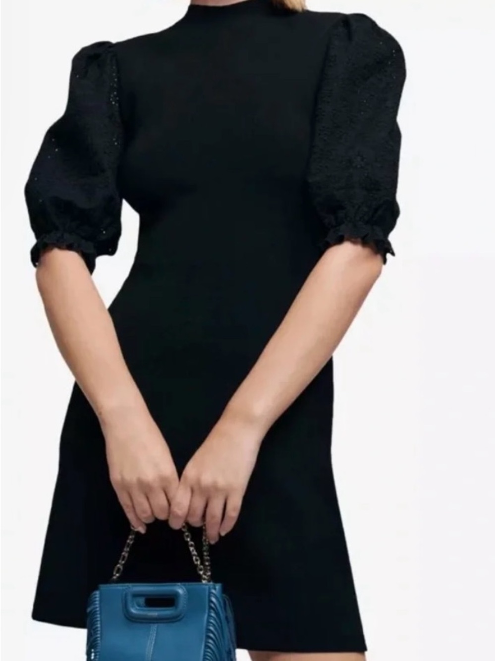 Maje Black Puff-Sleeve Midi Dress